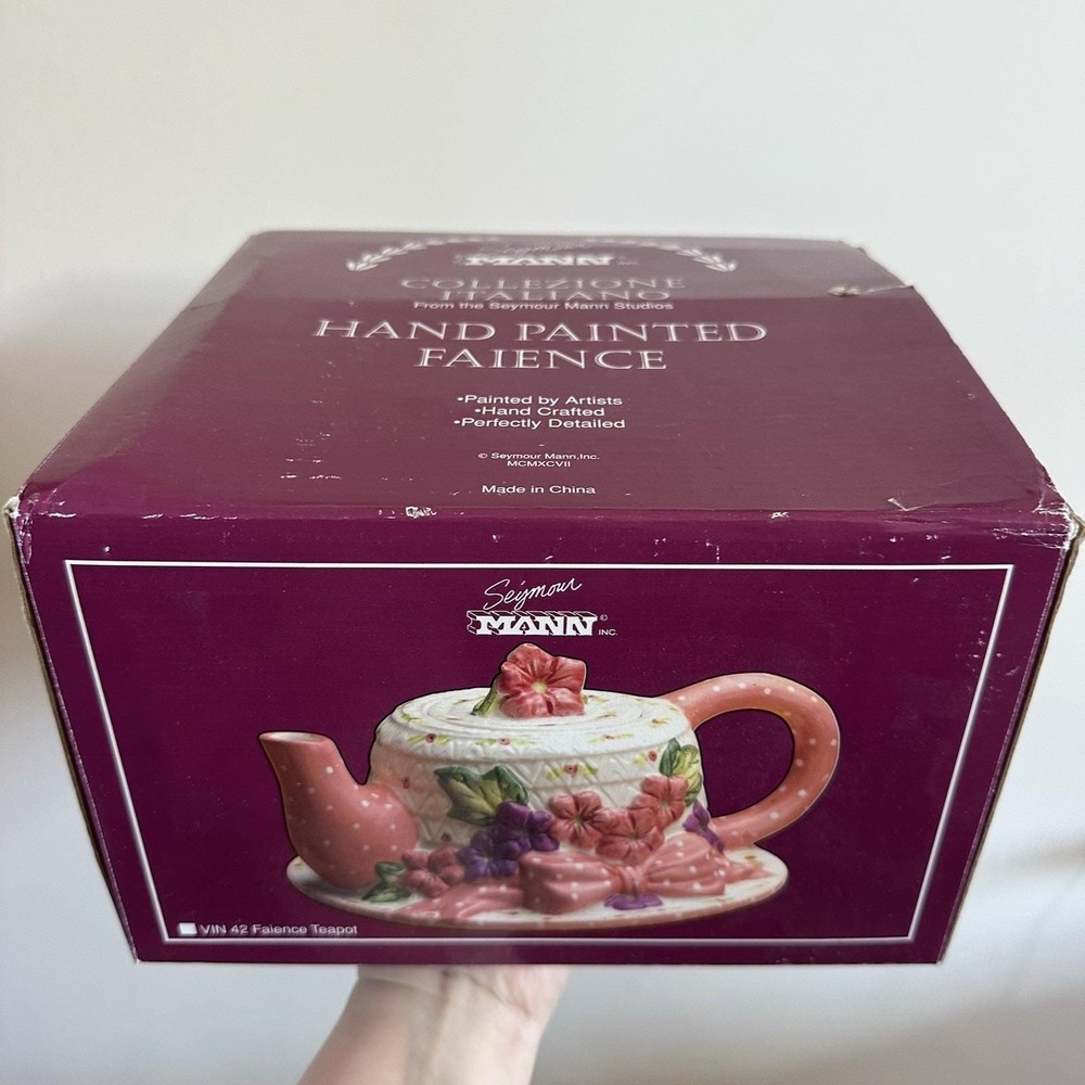 VTG 1997 New Seymour Mann Hand‎ Painted Hat Flowers Teapot Pink Colorful Glazed